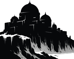 Dramatic silhouette of a castle and mountains in a monochrome style