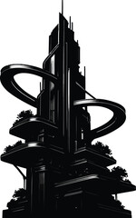 Striking black and white illustration of a futuristic spiraling skyscraper design