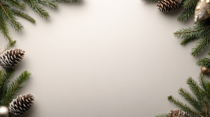 Cozy beige festive gradient with pine accents and frosted pinecone decorations evoking warm