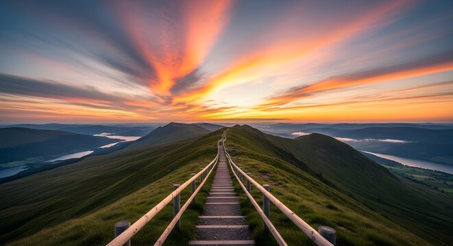 A breathtaking view of the sunset over the mountains, with a path leading to the horizon and vibrant colors painting the sky in a mesmerizing display of natures beauty