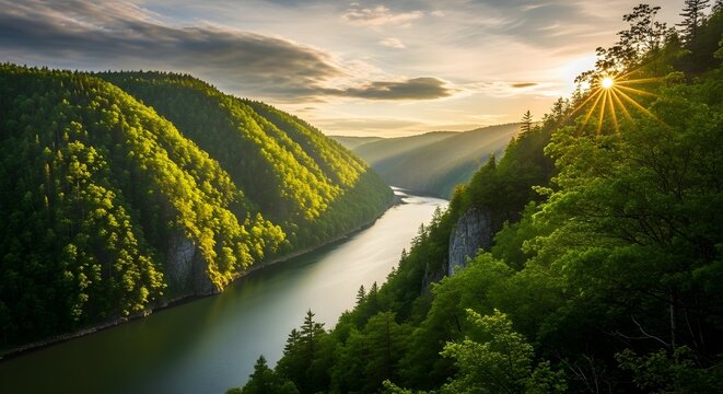Sunlight streams through the lush green hills, illuminating the tranquil river below, creating a serene and picturesque landscape at sunset