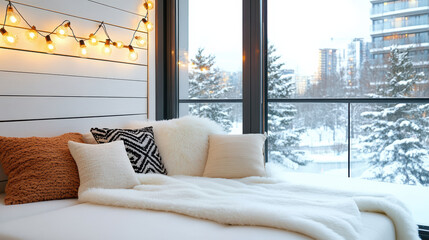 Cozy reading nook by frosted window on snowy evening with warm lights