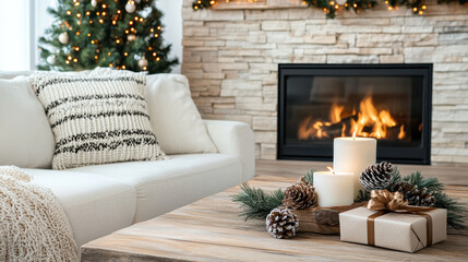 Fototapeta premium Cozy holiday living room with fireplace candles pinecone centerpiece