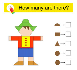 Math activity for kids. How many geometric shapes? Cartoon boy.