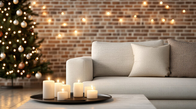 Cozy living room sofa candlelight christmas tree warm festive atmosphere