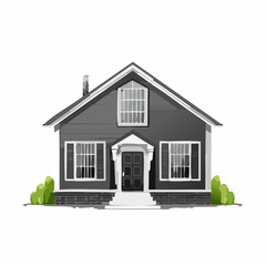 Charming grayscale cartoon house illustration with a simple design and green bushes featuring