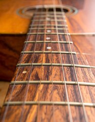 Close-up of a Guitar Fretboard - Strings, Frets, and Wood Grain.