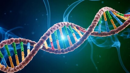 Colorful dna molecule double helix structure on a dark blue and green background with light effects - Powered by Adobe