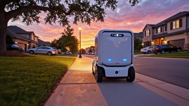 Autonomous Delivery Robot on Residential Street at Sunset - An autonomous delivery robot is seen navigating a residential street during a vibrant sunset.