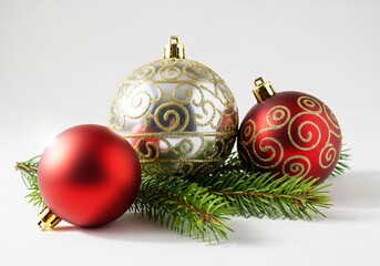 Festive christmas ornaments with pine needles isolated on white background