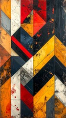 Naklejka premium Abstract geometric artwork, a vertical composition, comprised of various sized and colored angular shapes with texture