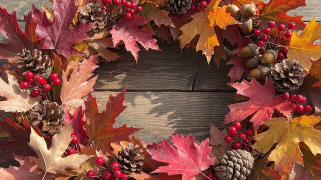 Autumnal Wreath with Leaves and Decorative Border - This video features a beautiful autumn wreath, decorated with colorful leaves, pine cones, acorns, and red berries.