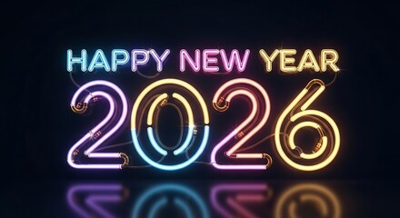 Happy new year 2026 neon sign with colorful glowing text and reflection