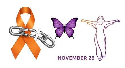 Image displaying orange ribbon with broken chain, purple butterfly, and woman with wings for november 25