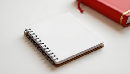 A neatly organized workspace with a closed spiral notebook and a red pen holder on top of it, set against the backdrop of a wooden desk.