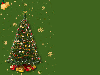 A festive Christmas tree decorated with ornaments, lights, and gifts on a green background with golden snowflakes and stars. Perfect for holiday greetings, seasonal designs, and winter celebrations