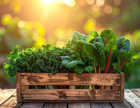 Wooden crate filled with leafy greens in bright sunlight