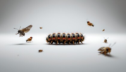 A captivating scene where several bees are buzzing around an elongated object that resembles a train made of chocolate
