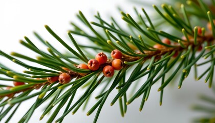 A photograph features a branch with red berries against a white background