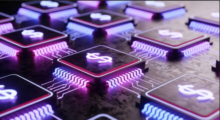 Digital currency and financial technology, a grid of microchips with glowing dollar signs symbolize the future of finance
