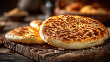 Traditional Xinjiang Naan, golden baked flatbread with characteristic stamped patterns and sesame seeds, crisp texture and soft interior