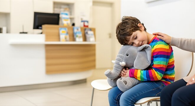 Young child with a plush elephant toy sitting in a waiting room, showing emotions of anxiety and comfort, highlighting the importance of mental health support for children - Powered by Adobe