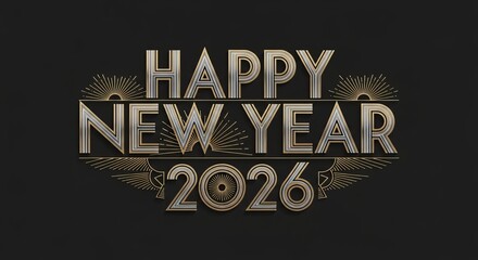 Happy new year 2026 elegant art deco style greeting on dark background