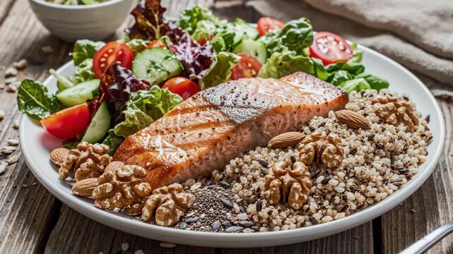 Balanced Diet Plate with Salmon and Grains - A close-up shot showcases a plate with a balanced diet meal featuring grilled salmon, a fresh salad, fiber-rich grains, and nuts like almonds and walnuts.