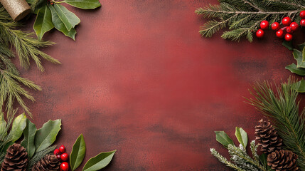 Obraz premium Red velvet holiday background with pine branches and holly berries evoking festive warmth