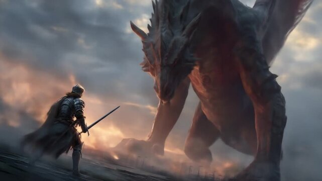 Lone knight faces a colossal dragon amid ash-swept ruins, sword drawn, under a blazing crimson sky,