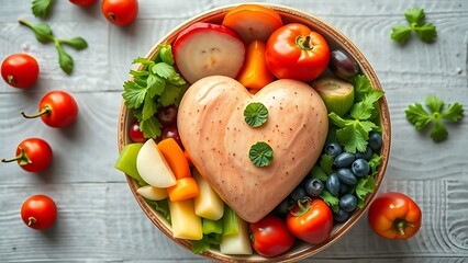 A ceramic bowl filled with fresh vegetables and fruits arranged for a healthy meal.