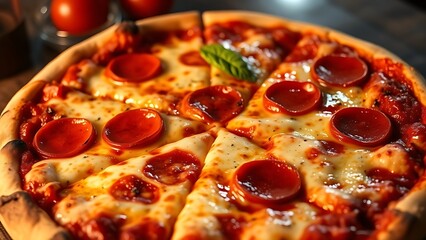 Freshly baked pepperoni pizza with gooey cheese, captured from above in warm inviting light.