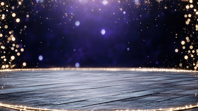 Dark purple festive glow framed with sparkling lights and wooden stage, elegant celebratory