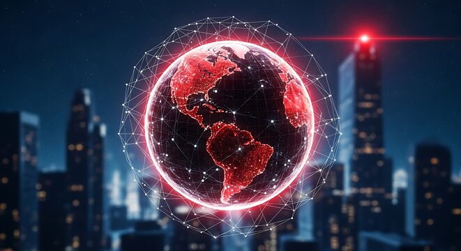 Global Network Over Cityscape with Red Earth for Technology Theme