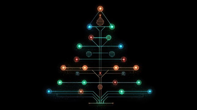 Electronic-style Christmas tree design with lights and ornaments