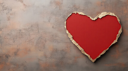Red heart cutout with torn gold edging on textured wall, romantic warm feeling