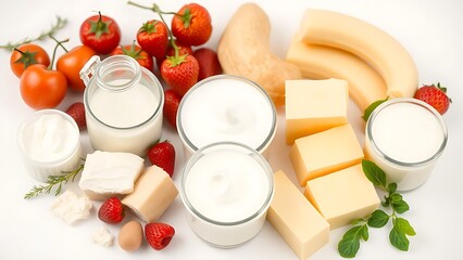 Assortment of fresh dairy products, beautifully arranged for a wholesome and appetizing display.