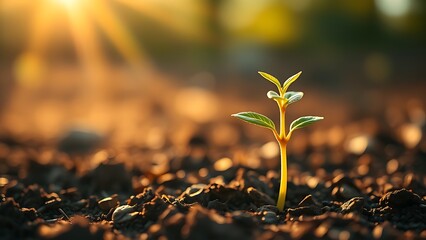 Young sapling emerging from rich soil, sunlight filtering through leaves in a detailed macro view.