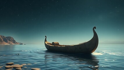 Primitive stone boat drifting on an ancient shimmering river beneath a star-filled night sky.