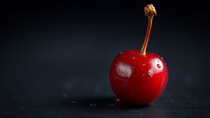 Close-up of ripe cherry with water droplets on dark wood and directional lighting.