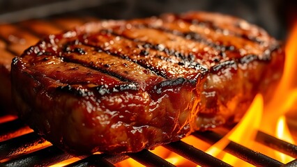 A close-up of a sizzling steak on a grill, showcasing rich caramelized textures.