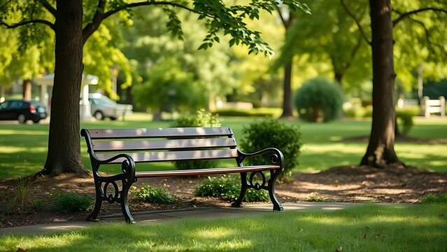 A serene park bench sits empty amidst lush greenery under natural daylight.