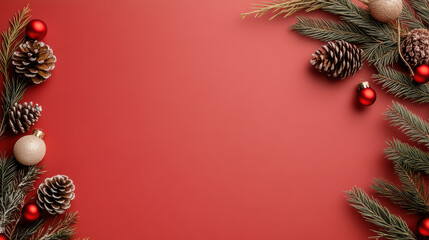 Red ornament pine cone fir branch gold bauble holiday decoration Christmas border with red
