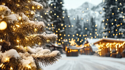 Snowy evergreen branch with glowing string lights and cozy village bokeh at twilight