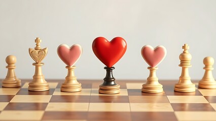 Symbolic chessboard with heart-shaped pieces at varied positions, depicting romantic timing dynamics.