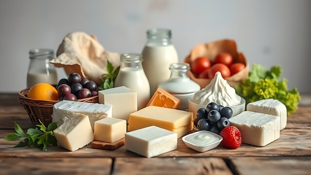 Fresh dairy products arranged on a rustic wooden table with a softly blurred pastel backdrop.