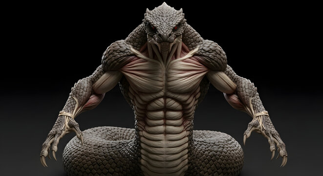 Terrifying reptilian humanoid creature with exposed muscles and skeletal claws ready for fantasy horror projects