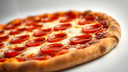 A mouthwatering pepperoni pizza with melted cheese, captured in warm golden tones.