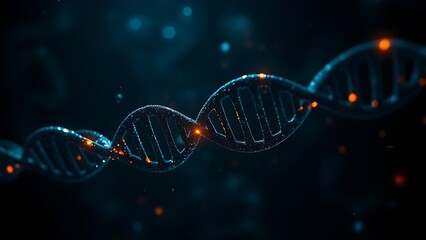 Dark DNA strands glowing under artificial light, revealing intricate hidden patterns.