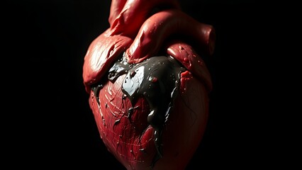 Abstract sculpture of a human heart with dark material seeping from within.